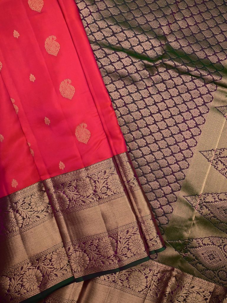 Kanchi pattu saree coral pink color allover zari motifs & zari border with rich pallu and contrast plain bouse