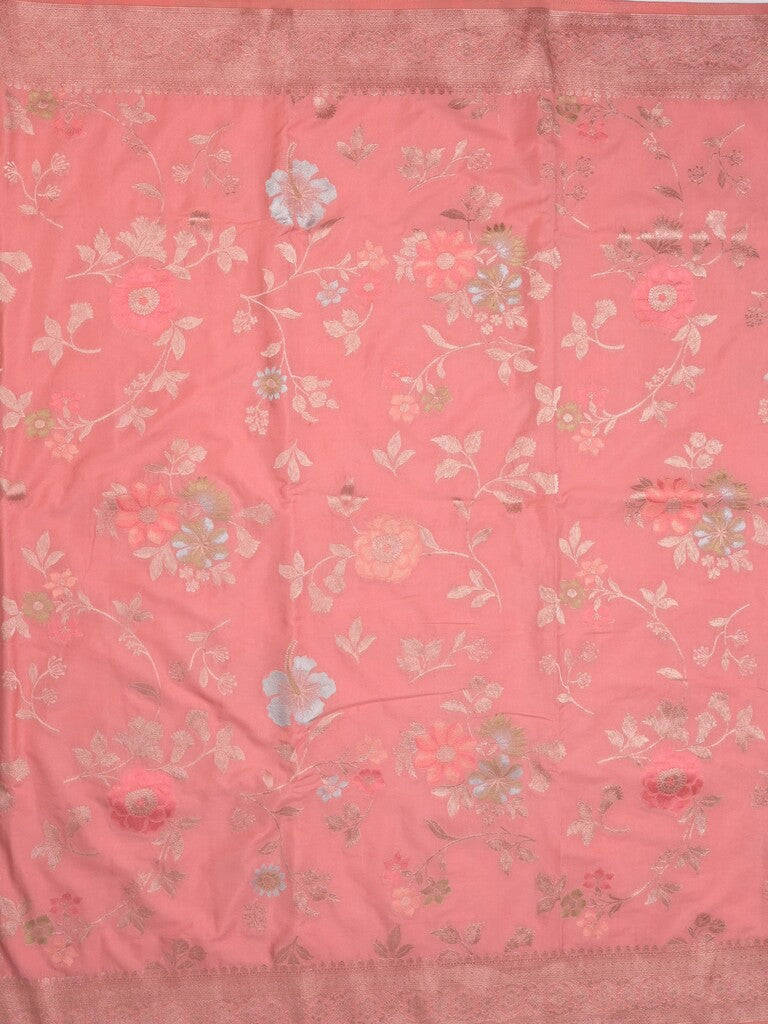 Georgette fancy saree coral pink color allover zari weaves & zari border with rich pallu and plain self blouse