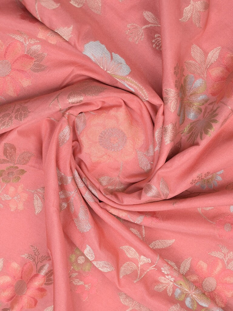 Georgette fancy saree coral pink color allover zari weaves & zari border with rich pallu and plain self blouse