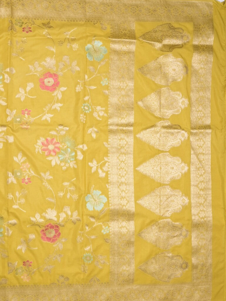 Georgette fancy saree golden yellow color allover zari weaves & zari border with rich pallu and plain self blouse