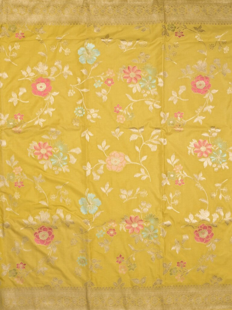 Georgette fancy saree golden yellow color allover zari weaves & zari border with rich pallu and plain self blouse