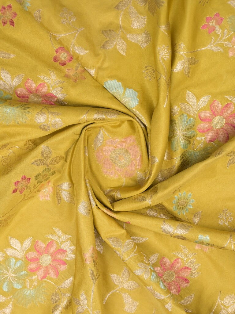 Georgette fancy saree golden yellow color allover zari weaves & zari border with rich pallu and plain self blouse
