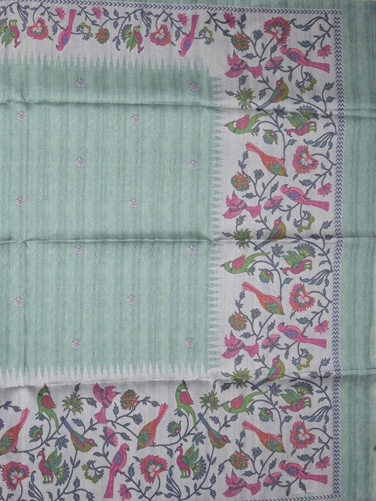 Tussar fancy saree lux green color allover motifs & printed border with running pallu and attached self blouse