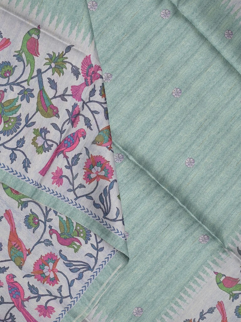Tussar fancy saree lux green color allover motifs & printed border with running pallu and attached self blouse