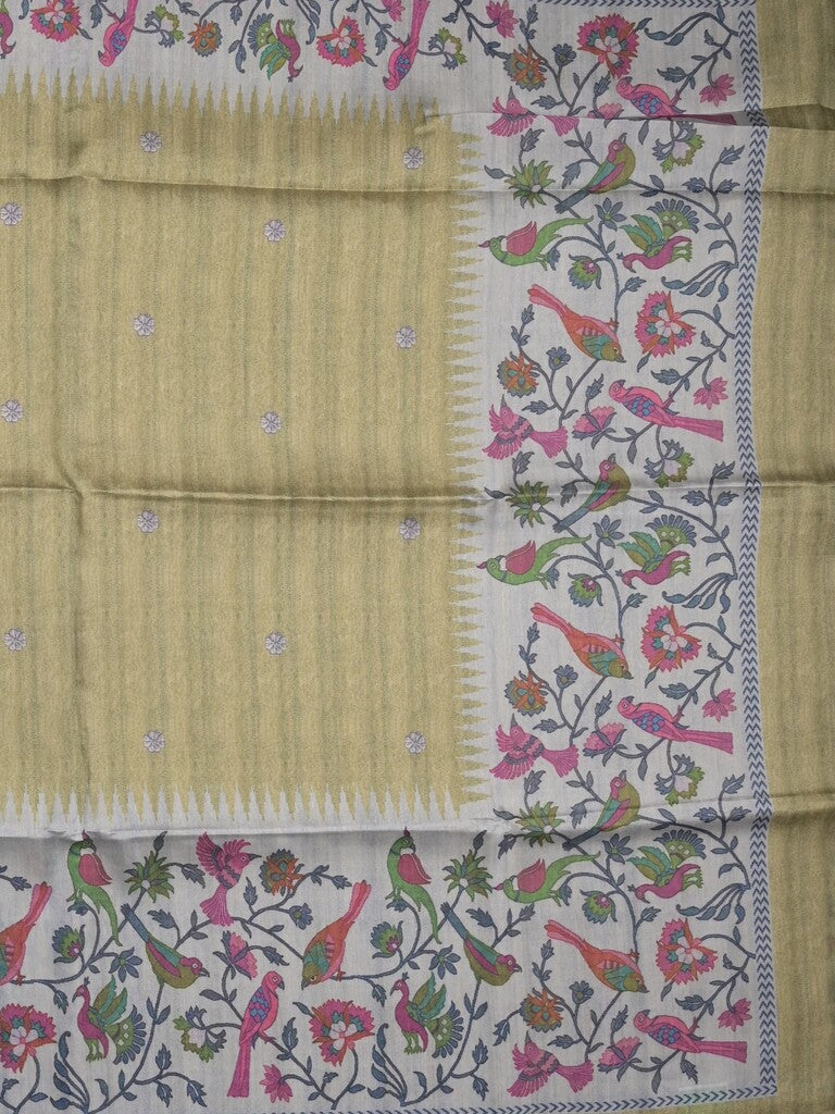 Tussar fancy saree snuff color allover motifs & printed border with running pallu and attached self blouse
