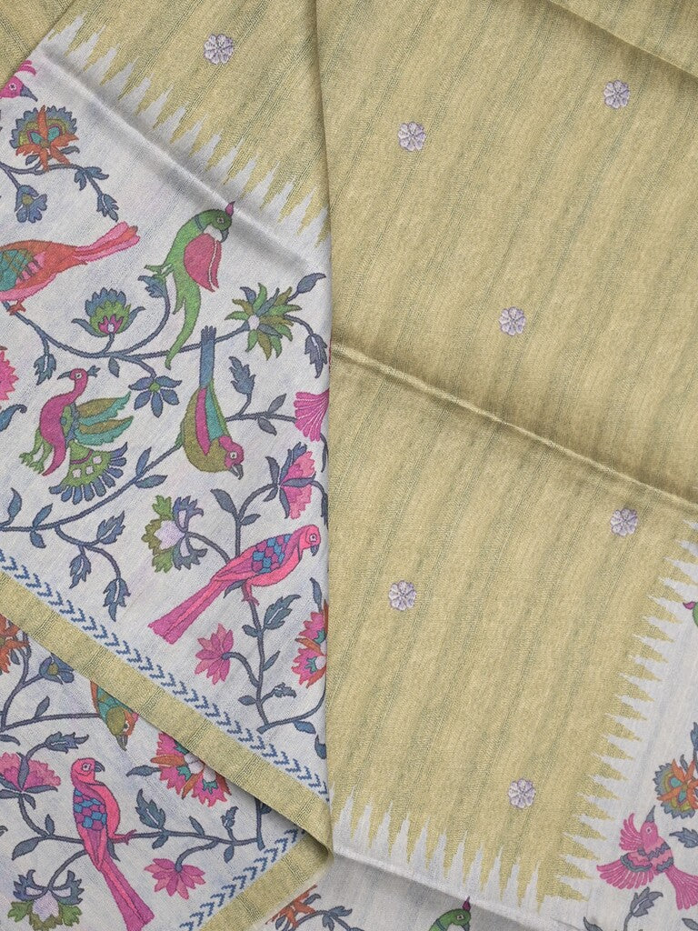 Tussar fancy saree snuff color allover motifs & printed border with running pallu and attached self blouse
