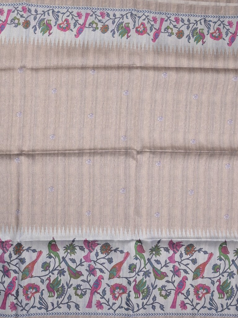 Tussar fancy saree beige color allover motifs & printed border with running pallu and attached self blouse