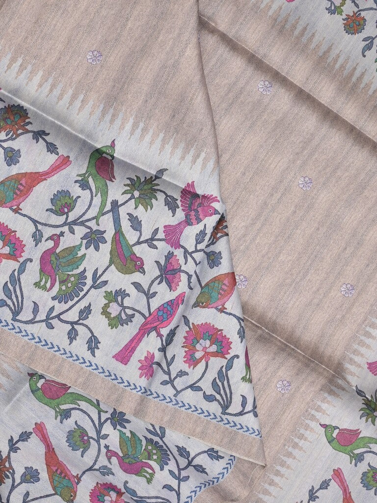 Tussar fancy saree beige color allover motifs & printed border with running pallu and attached self blouse
