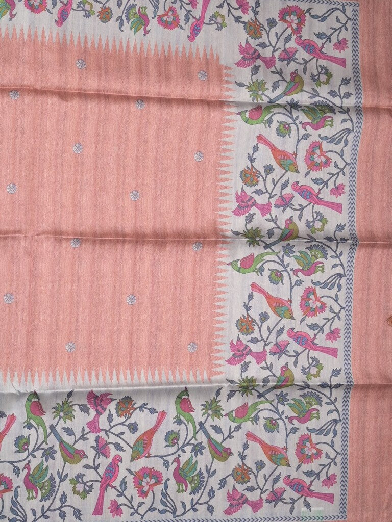 Tussar fancy saree peach color allover motifs & printed border with running pallu and attached self blouse
