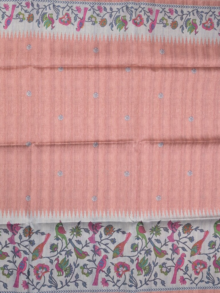 Tussar fancy saree peach color allover motifs & printed border with running pallu and attached self blouse