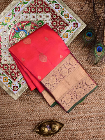 Kanchi pattu saree coral pink color allover zari motifs & zari border with rich pallu and contrast plain bouse