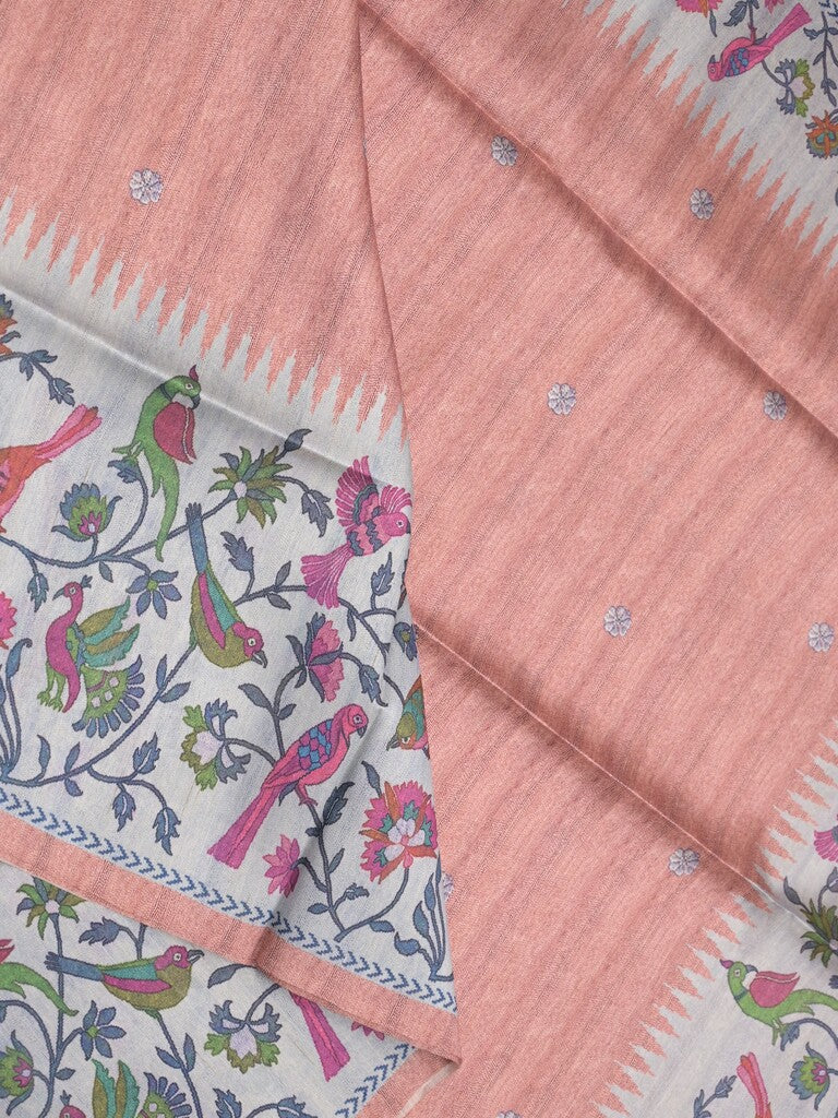 Tussar fancy saree peach color allover motifs & printed border with running pallu and attached self blouse
