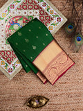 Kanchi pattu saree bottle green color allover zari motifs & big zari border with rich pallu and contrast plain bouse