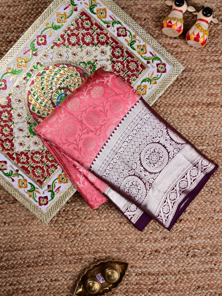 Kanchi pattu saree rose pink color allover zari weaves & big zari border with rich pallu and contrast plain bouse