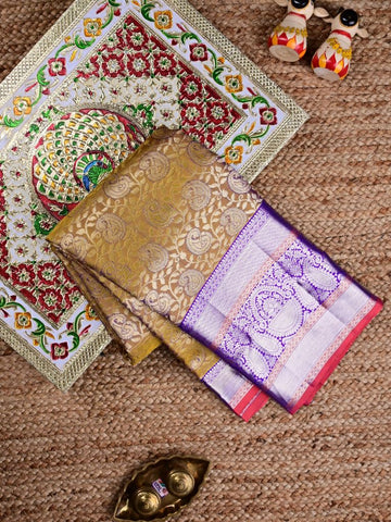 Kanchi pattu saree mustard yellow color allover zari weaves & big zari border with rich pallu and contrast plain bouse