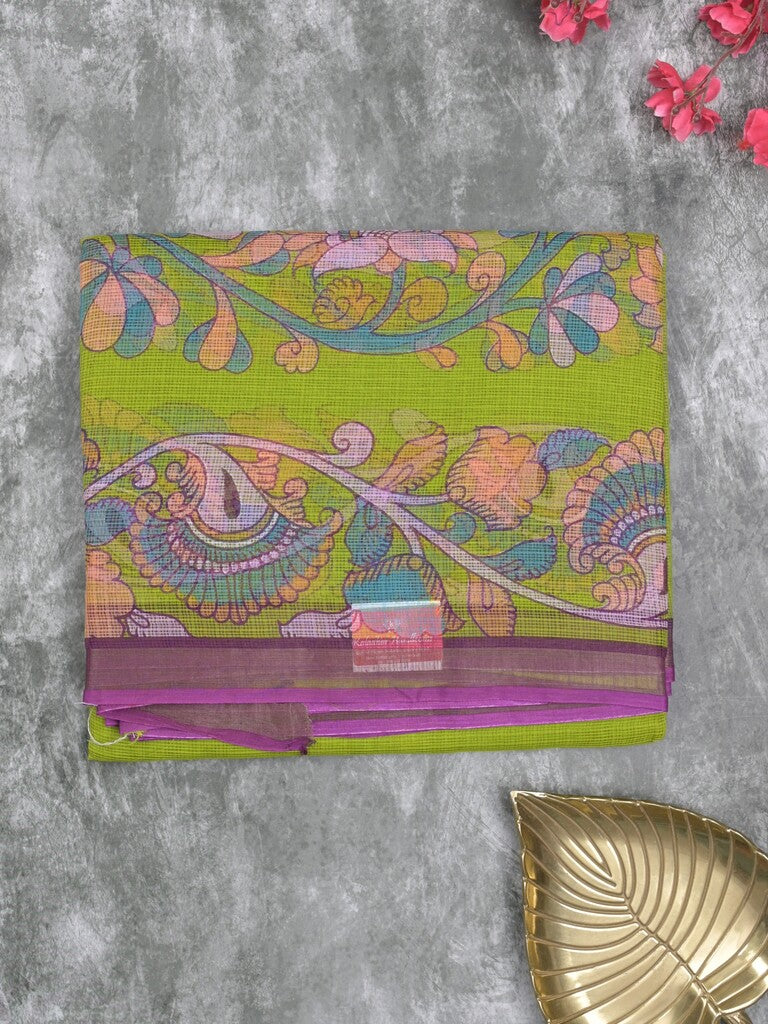 Kota fancy saree parrot green color allover prints & small kaddi border with contrast pallu and plain blouse