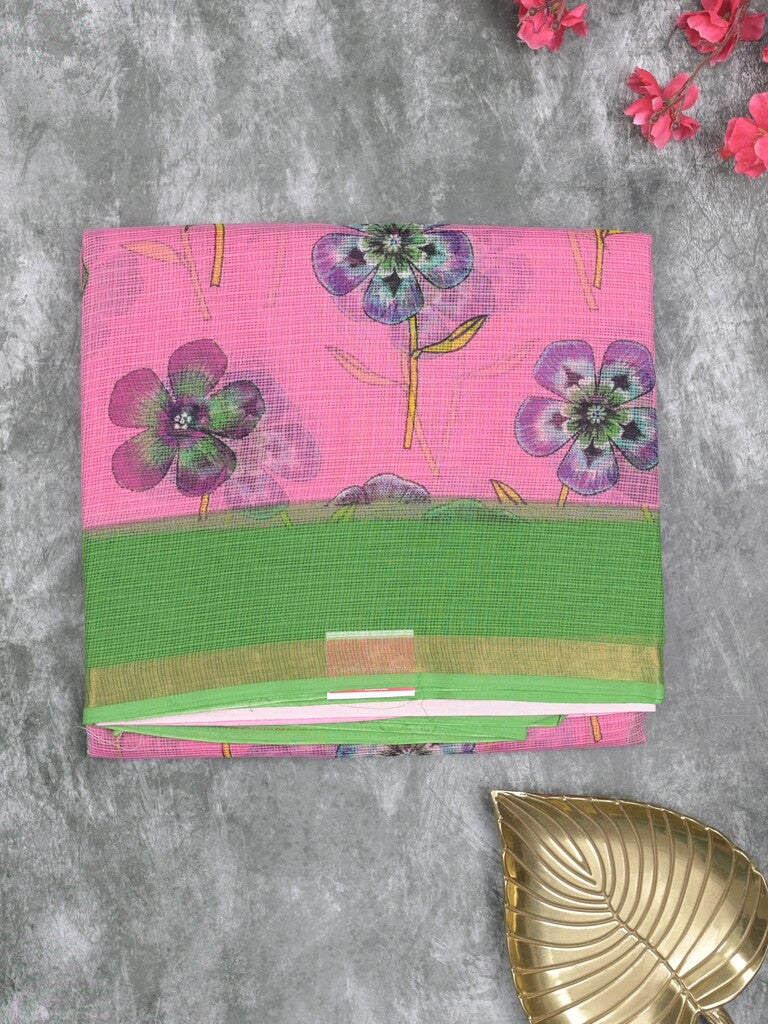 Kota fancy saree light pink color allover prints & small kaddi border with contrast pallu and plain blouse