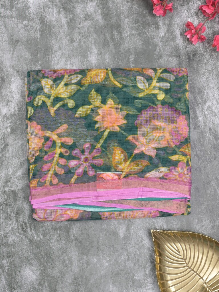 Kota fancy saree navy blue color allover prints & small kaddi border with contrast pallu and plain blouse