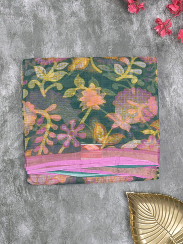 Kota fancy saree navy blue color allover prints & small kaddi border with contrast pallu and plain blouse