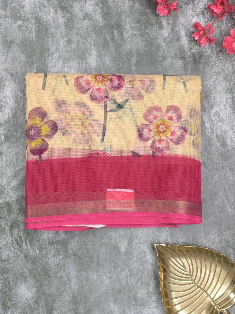 Kota fancy saree cream color allover prints & small kaddi border with contrast pallu and plain blouse