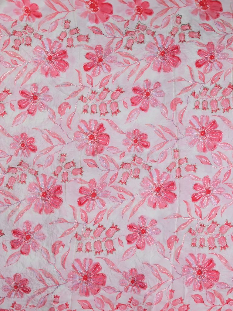 Crape silk fabric white and pink color allover prints & sequence work