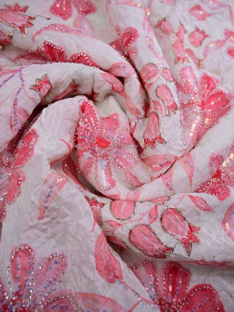 Crape silk fabric white and pink color allover prints & sequence work