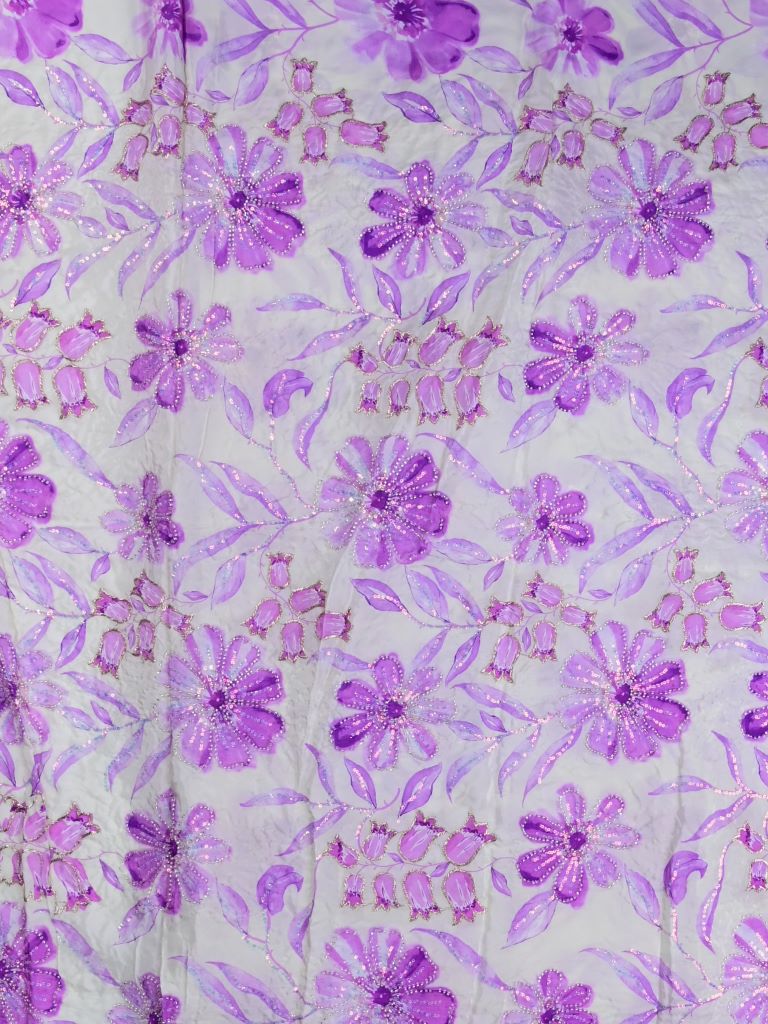 Crape silk fabric light lavender color allover prints & sequence work