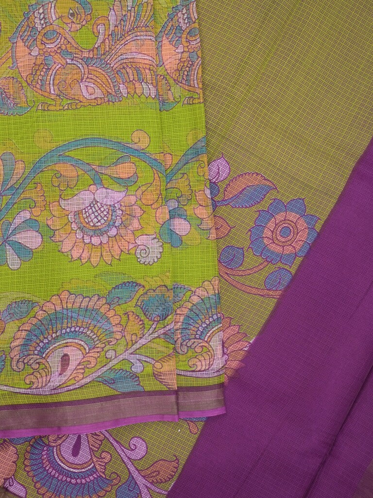 Kota fancy saree parrot green color allover prints & small kaddi border with contrast pallu and plain blouse