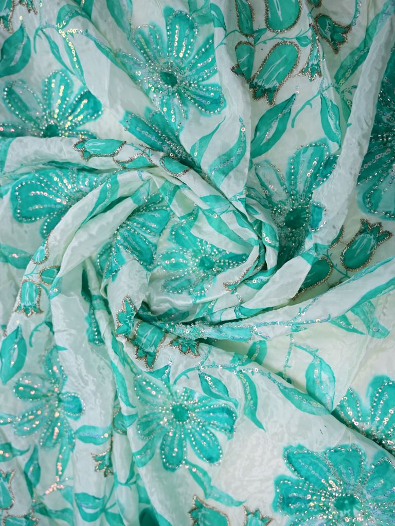 Crape silk fabric white and blue color allover prints & sequence work