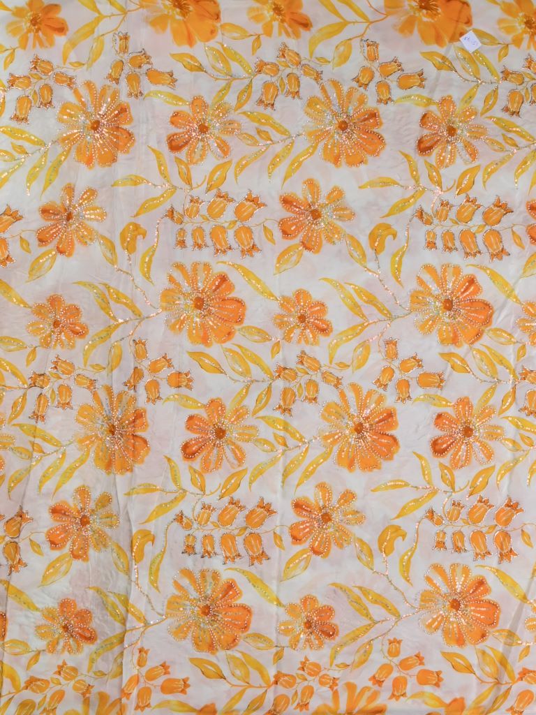 Crape silk fabric half white and yellow color allover prints & sequence work