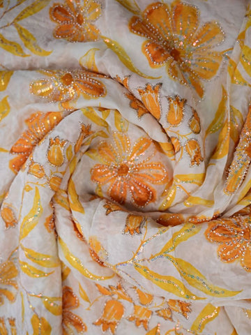 Crape silk fabric half white and yellow color allover prints & sequence work