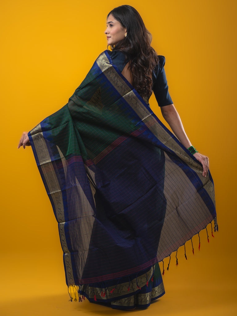Dhaka cotton saree black color allover checks & temple border with contrast pallu and running blouse