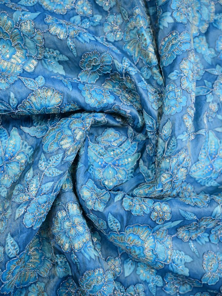 Dola silk fabric sky blue color allover prints & sequence work