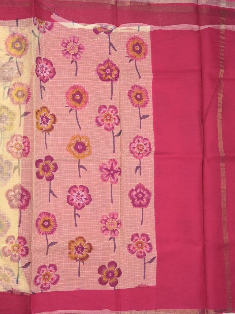 Kota fancy saree cream color allover prints & small kaddi border with contrast pallu and plain blouse