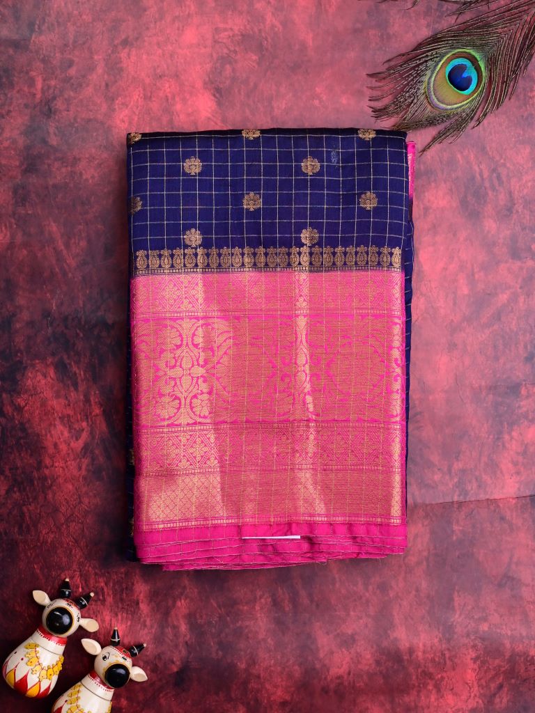 Munga pattu saree ink blue color allover zari checks and motifs & zari border with short pallu and contrast brocade blouse