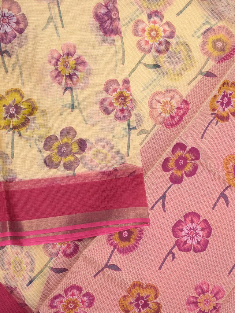 Kota fancy saree cream color allover prints & small kaddi border with contrast pallu and plain blouse