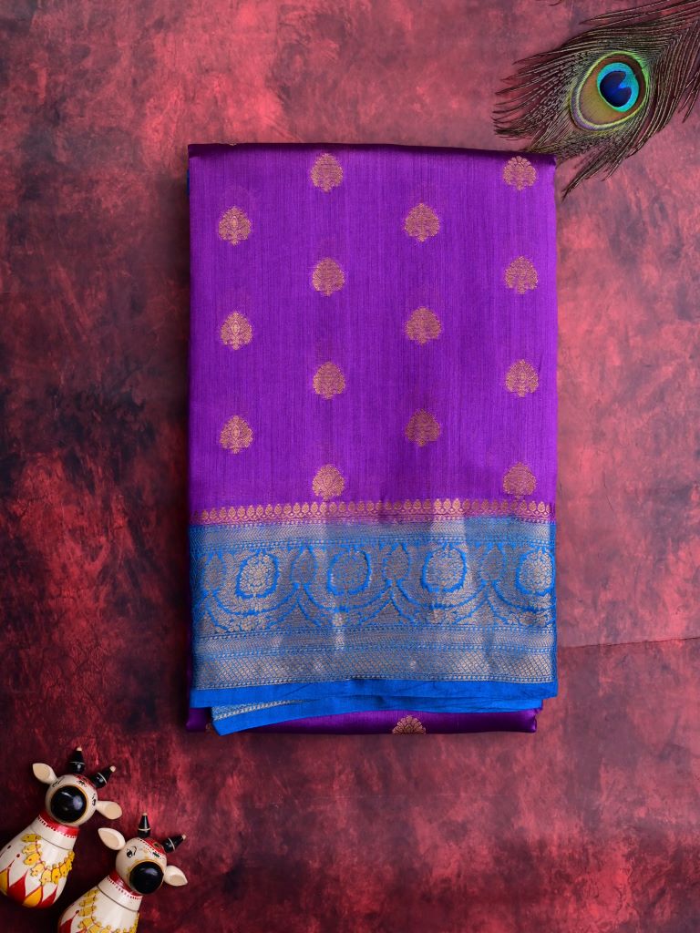 Munga pattu saree purple color allover zari motifs & zari border with short pallu and contrast brocade blouse