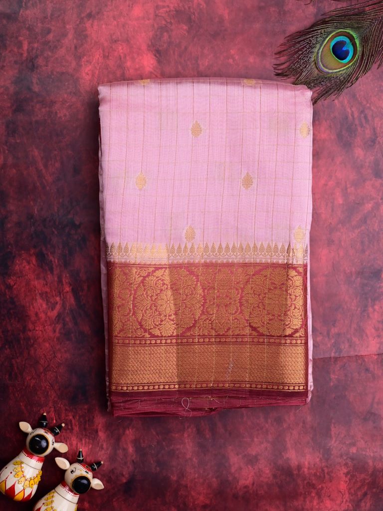 Munga pattu saree peach color allover checks and zari motifs & zari border with short pallu and contrast brocade blouse