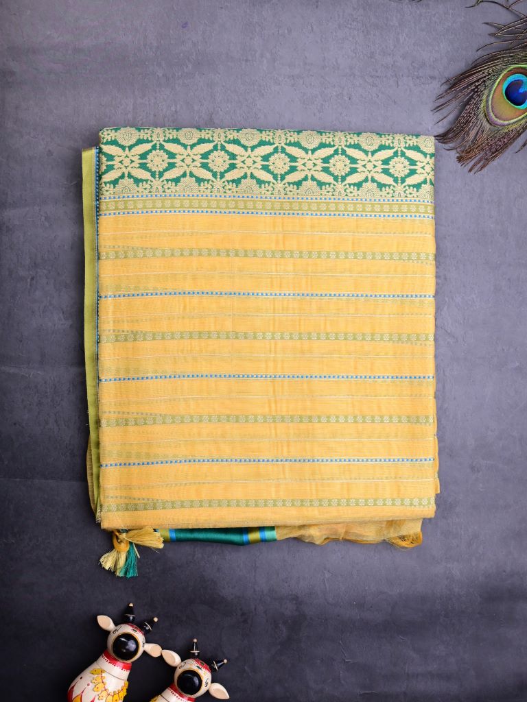 Chanderi fancy saree golden yellow color allover zari stripes & zari border with brocade pallu and attached blouse