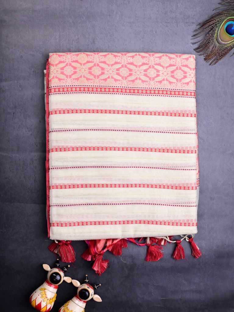 Chanderi fancy saree half white color allover zari stripes & zari border with brocade pallu and attached blouse