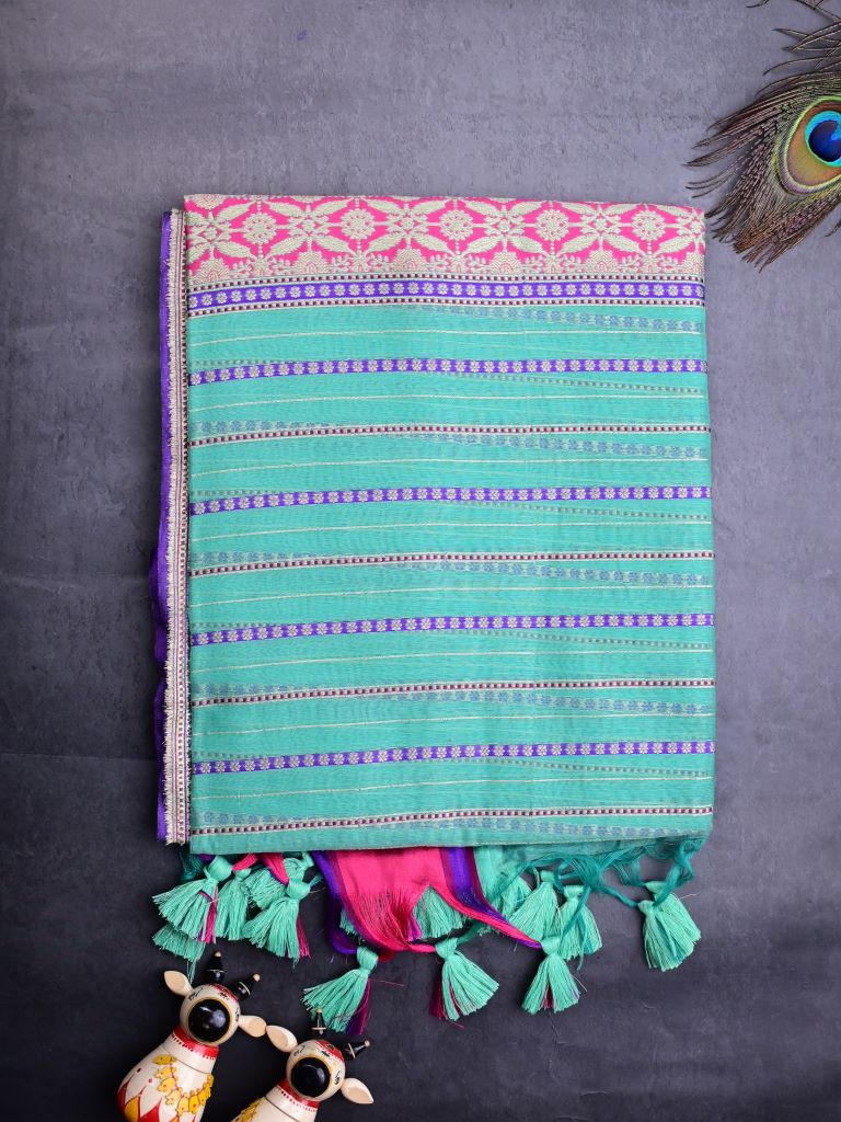 Chanderi fancy saree cyan blue color allover zari stripes & zari border with brocade pallu and attached blouse