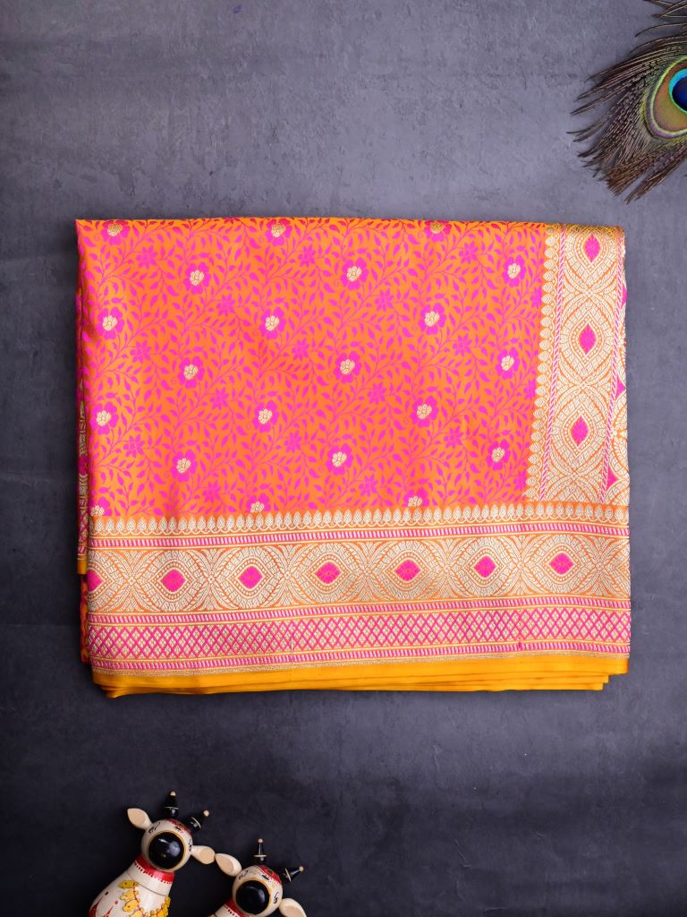 Banaras pattu saree orange color allover weaves & zari boder with rich pallu and attached plain blouse