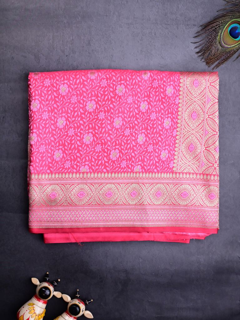 Banaras pattu saree baby pink color allover weaves & zari boder with rich pallu and attached plain blouse