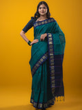 Dhaka cotton saree peacock blue color allover plain & small border with contrast pallu and attached plain blouse
