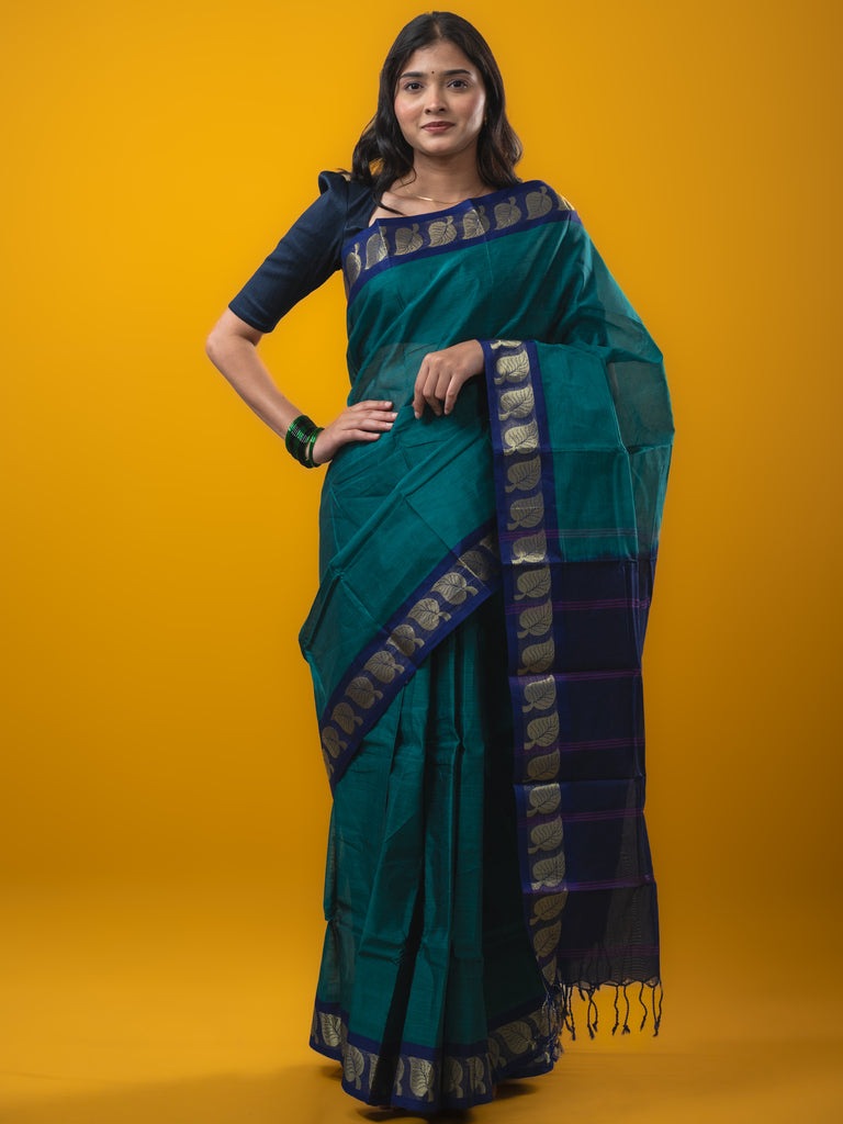 Dhaka cotton saree peacock blue color allover plain & small border with contrast pallu and attached plain blouse