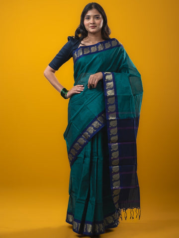 Dhaka cotton saree peacock blue color allover plain & small border with contrast pallu and attached plain blouse