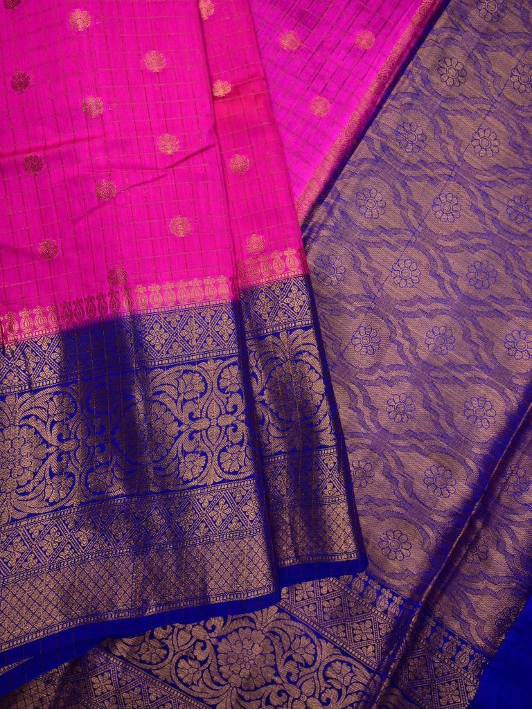 Munga pattu saree pink color allover zari checks and motifs & zari border with short pallu and contrast brocade blouse