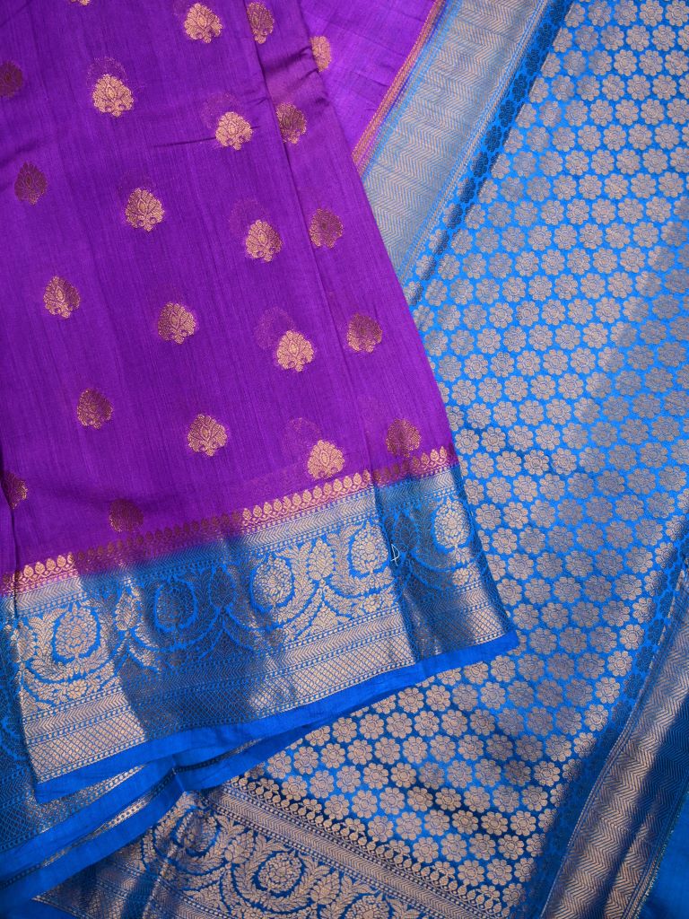 Munga pattu saree purple color allover zari motifs & zari border with short pallu and contrast brocade blouse