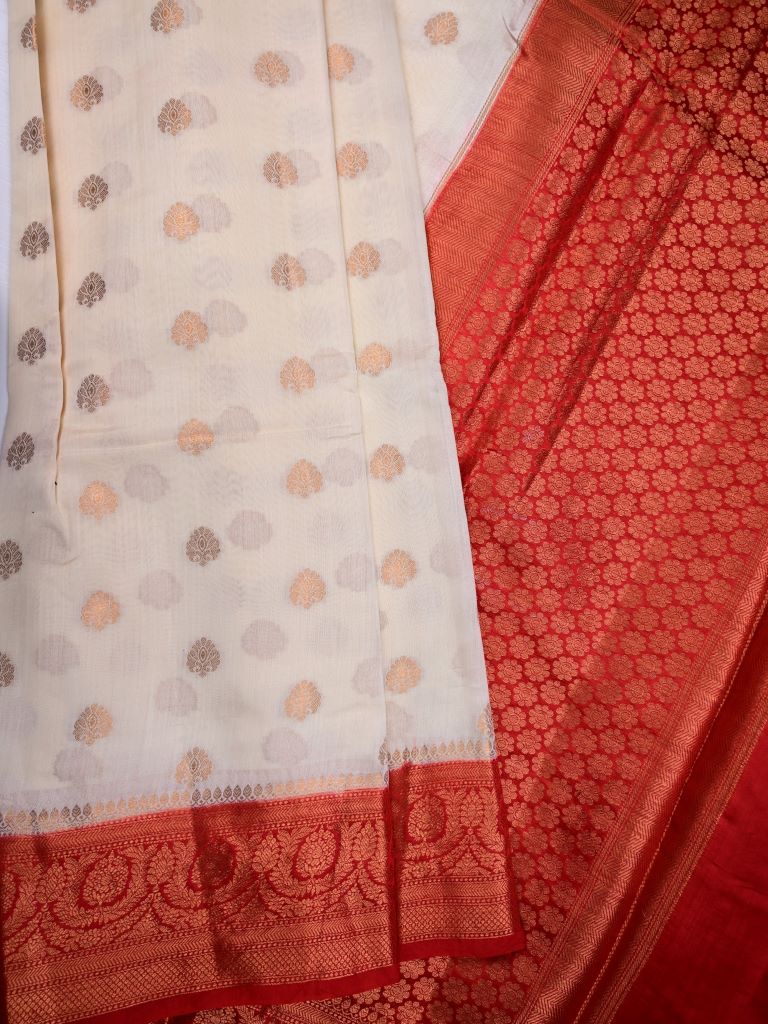 Munga pattu saree white color allover zari motifs & zari border with short pallu and contrast brocade blouse