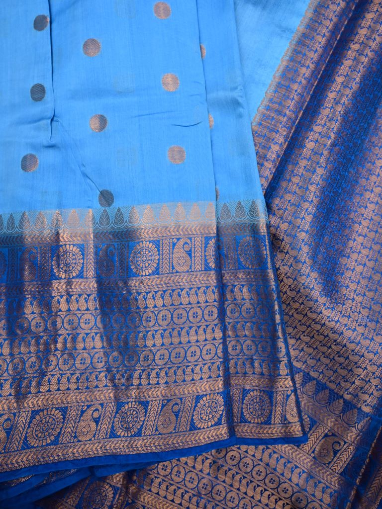 Munga pattu saree sky blue color allover zari checks and motifs & zari border with short pallu and contrast brocade blouse